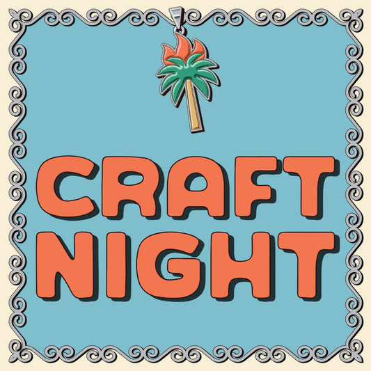 Invitation card for 'Craft Night' with a palm tree design on a blue background